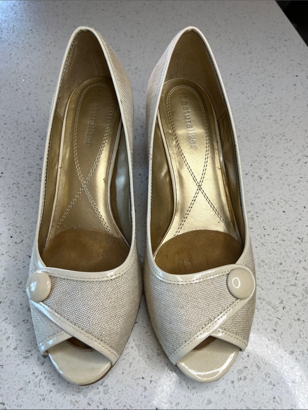 Naturalizer Beige Peep-Toe Heels with Button Accent